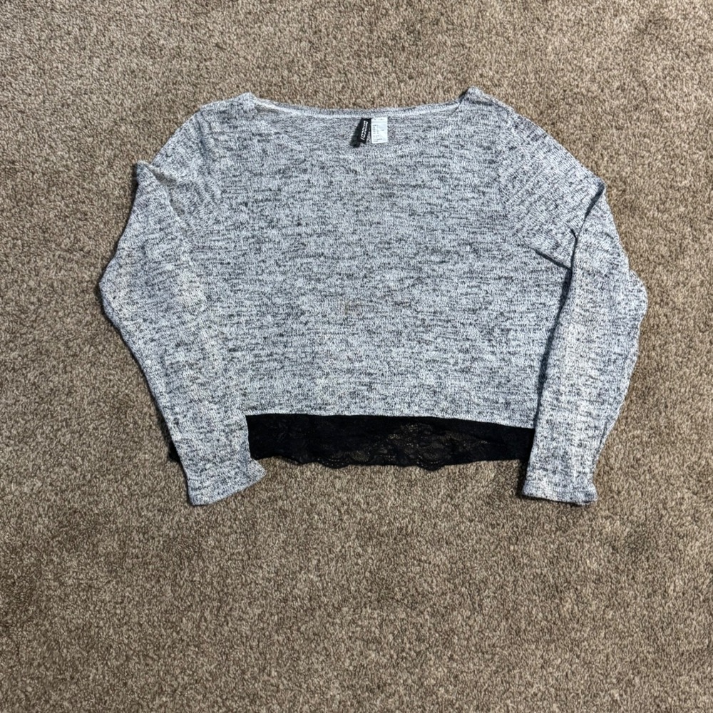 H&M Divided Womens Grey Black Marled,Knit Lace Trim Cropped Sweater L
